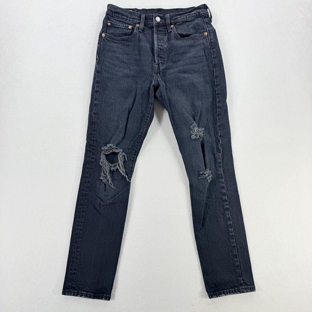 Levi's 501 S Jeans Womens W26 L28 Black Charcoal Distressed Straight Button Fly